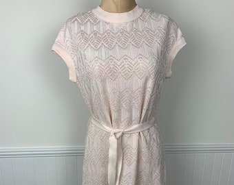 Vintage 1960s Era Pale Pink Knit One Piece Dress with Knit Stretch Belt and Cap Sleeves