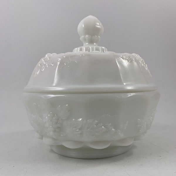 Vintage White Milk Glass Westmoreland Paneled Grape Candy Dish/Bowl with Lid