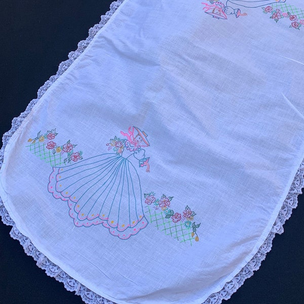 Vintage White With Hand Painted or Stamped Embroidery Southern Belles Table Runner/Dresser Scarf With White Lace Trim