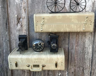 Pair of Wall Shelves Made from an Ivory Marbleized Samsonite Suitcase Luggage Shelf Repurposed Travel Inspired