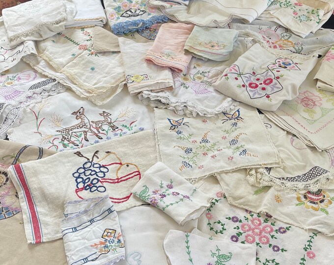 Lot of 30 Cutter Vintage Hand Embroidery Doilies, Pillowcases, Runners