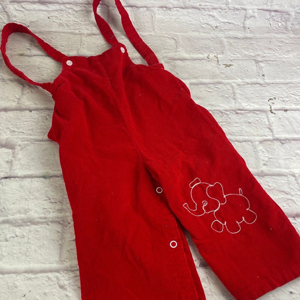Vintage Child's Size 18 Months Red Corduroy Overalls Honeysuckle Brand Sears Embroidery Elephant