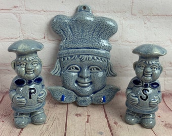3 Piece Vintage 1980's Blue Chef Potholder and Salt and Pepper Shakers