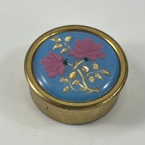 Tiny Vintage Pillbox Blue and Pink Floral Goldtone