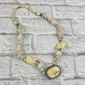 Vintage Bovine Craved Bone Beaded Elephant Necklace