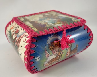 VIntage Handmade Christmas Box Crafted with Vintage Christmas Cards with Yarn Trim and Tassel