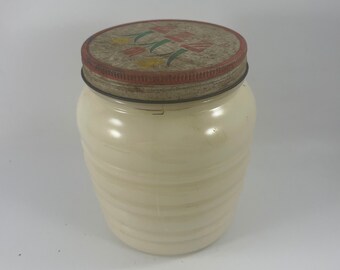 Vintage Ivory Ribbed Fire King Beehive Grease Jar Metal Lid with Tulip Design