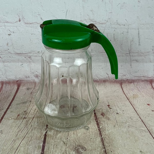 Vintage Glass Syrup Pitcher with Green Plastic Lid