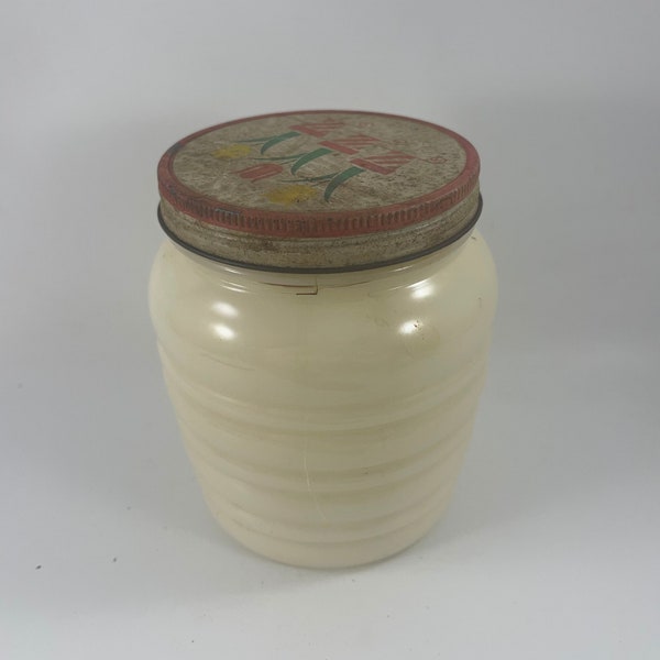 Vintage Ivory Ribbed Fire King Beehive Grease Jar Metal Lid with Tulip Design