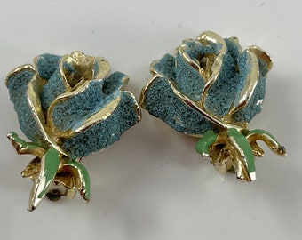 Pair of Vintage Blue Roses Clip on Earrings