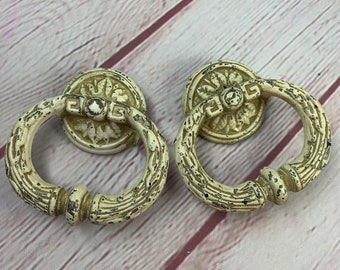 Pair of Vintage 1970’s Creamy White and Gold Ornate Drawer Pulls Handles