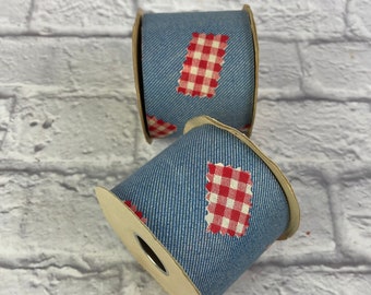 2 Vintage 1970's Era Spools of Denim Ribbon with Red Gingham Patches