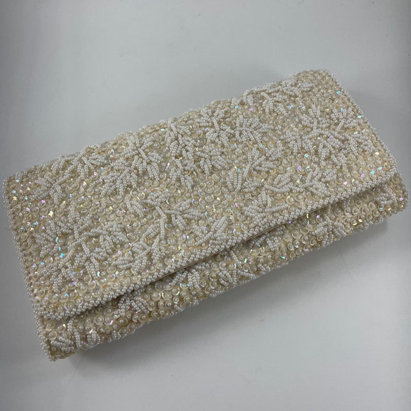 Vintage 1970's Era Sequined and Beaded Clutch Handbag Purse Made in Hong Kong