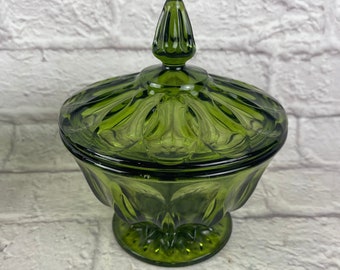 Vintage 1960’s Era Anchor Hocking Fairfield Green Glass Lidded Pedestal Candy or Compote Dish