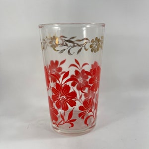 Vintage SWANKY SWIG 1950's Era Juice Glass with Red and Gold Floral Design