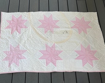 Vintage Pink and White Star Cutter Quilt PIece 53 x 32