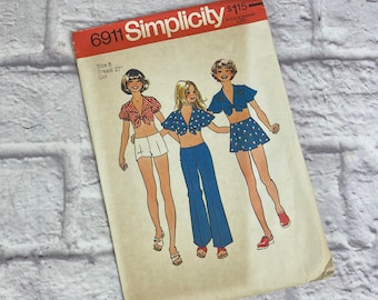 Vintage Simplicity #6911 Pattern for Girls' Size 8 Hip-Hugger Pants or Shorts, Short Skirt and Midriff Top