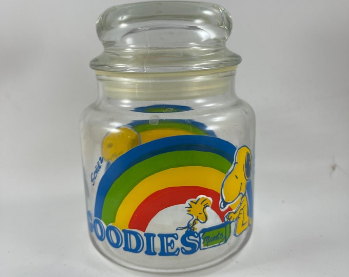 Vintage Snoopy & Woodstock Peanuts Glass Goodies Jar Canister Rainbow