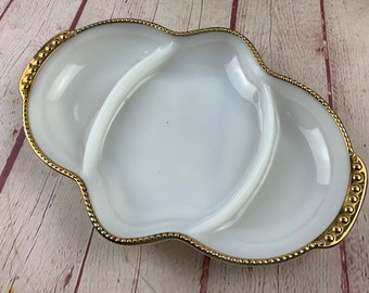 Vintage White and Gold Fire King Vachina Divided Relish Tray