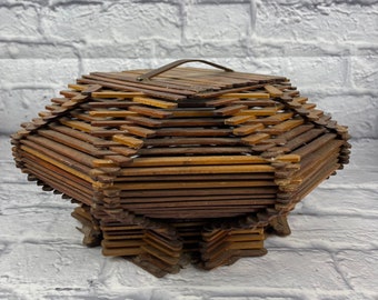 Vintage Folk Art Popsicle Stick Wooden Covered Basket