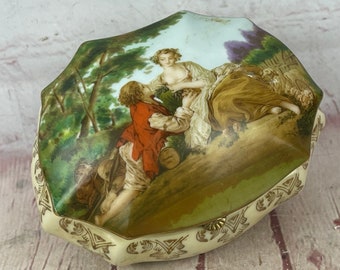 Vintage Courting Couple Porcelain Trinket Ring Box with Hinged Lid