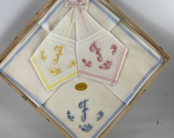Set of 3 Vintage New in Box Pink, Yellow, and Blue Embroidery Monogrammed Ladies' Cotton Hankies Handkerchiefs