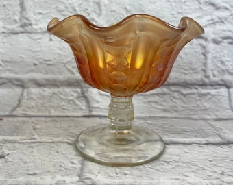 Vintage Marigold Carnival Glass Ruffled Edge Compote Candy Dish