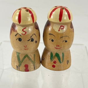 Vintage 1950’s Era Solid Wood Hand Painted Miniature Salt & Pepper Shaker Set