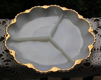 Vintage Fire King/Anchor Hocking White Milk Glass Divided Relish Dish/Tray with Gold Trim