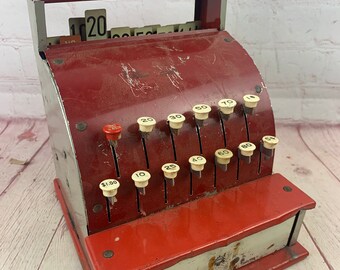 Gold With Black Print and Designs With Red Bottom Vintage Toy Cash Register Black and Red Plastic Handle Push Buttons to Raise Numbers.