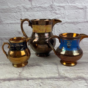 Trio of Vintage Copper Lustre  Decorated Lustreware Pitchers