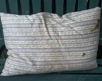 Vintage Lavender and Pink Floral Stripe Ticking Feather Pillow