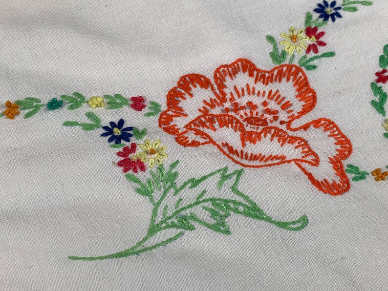Possibly Old Feedsacks Pillowcases with Hand Embroidery Flowers Pair of Vintage Handmade Green and White Cotton