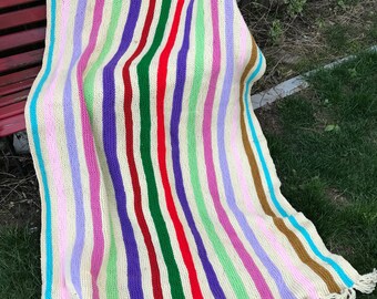 Vintage Hand Crochet Colorful Stripes Afghan/Lap Throw Set in Off White with Fringe
