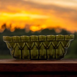 May include: A green ceramic planter with a rectangular shape and a textured, basket-weave design. The planter has a scalloped rim and sits on a wooden surface. The background features a blurred sunset.