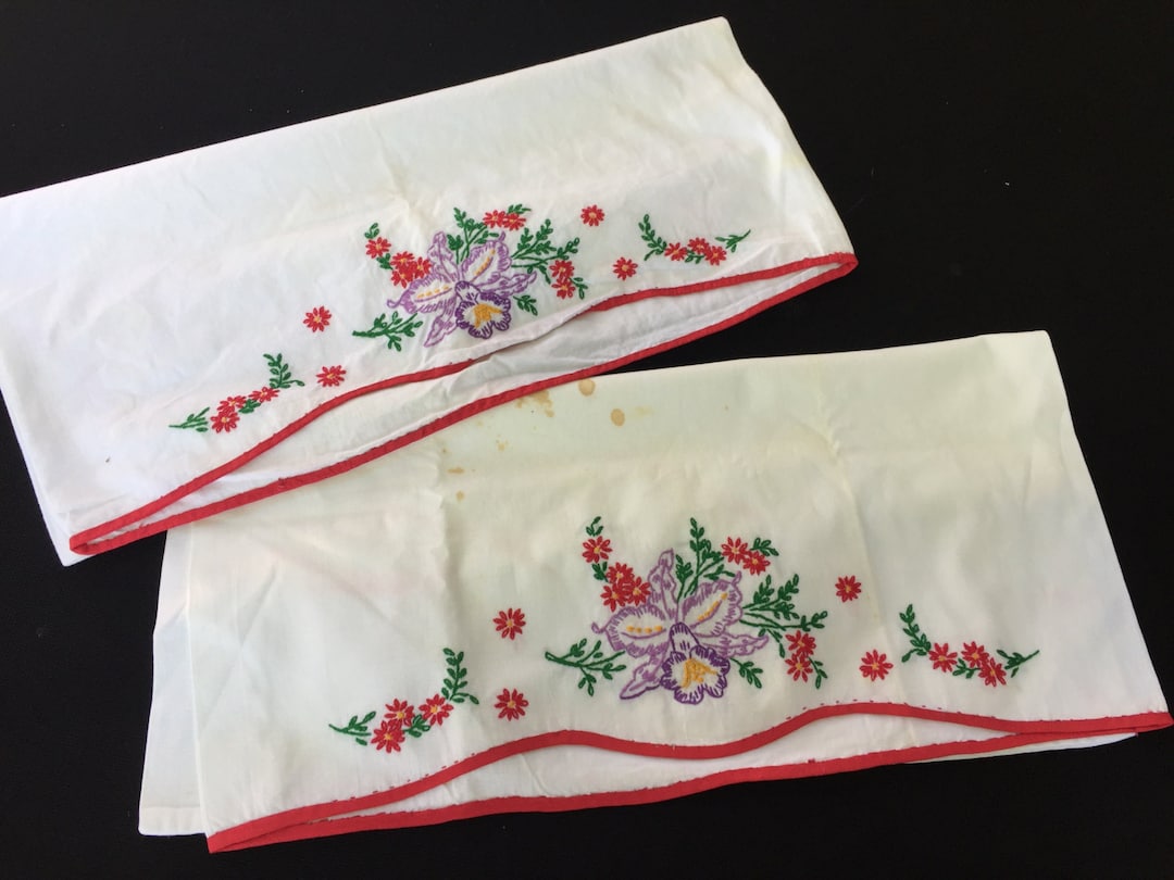 Pair of Vintage White Cotton Pillowcases With Hand Embroidery Etsy