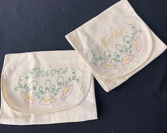 Vintage Hand Embroidery Knife/Knives and Fork/Forks Silverware Storage Bags