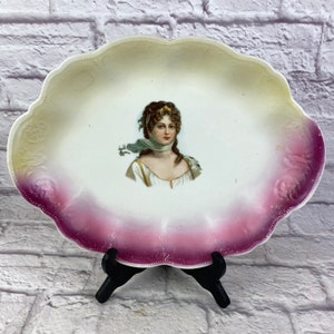Vintage Queen Louise of Prussia Portrait Platter With Purple & Yellow Trim Collector Decorative Plate or Platter Iris E.P.P. Co.