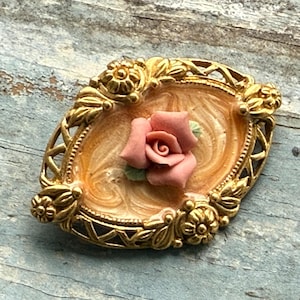 Vintage AVON Goldtone Victorian Pink Rose  Pin or Brooch