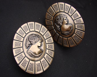 2 Vintage Antique Brass Metal Cameo Drawer Pulls Furniture Decoration