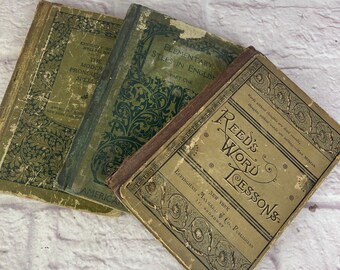 Trio of VIntage Late 1800's-1900's School Books, Speller, Word Lessons,, Steps in English