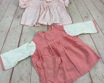 Pair of Vintage Coral and White and Pink and White Gingham Check Baby Girl Dresses