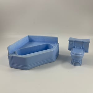 Vintage Blue Plastic Dollhouse Bathtub and Toilet Dollhouse Furniture