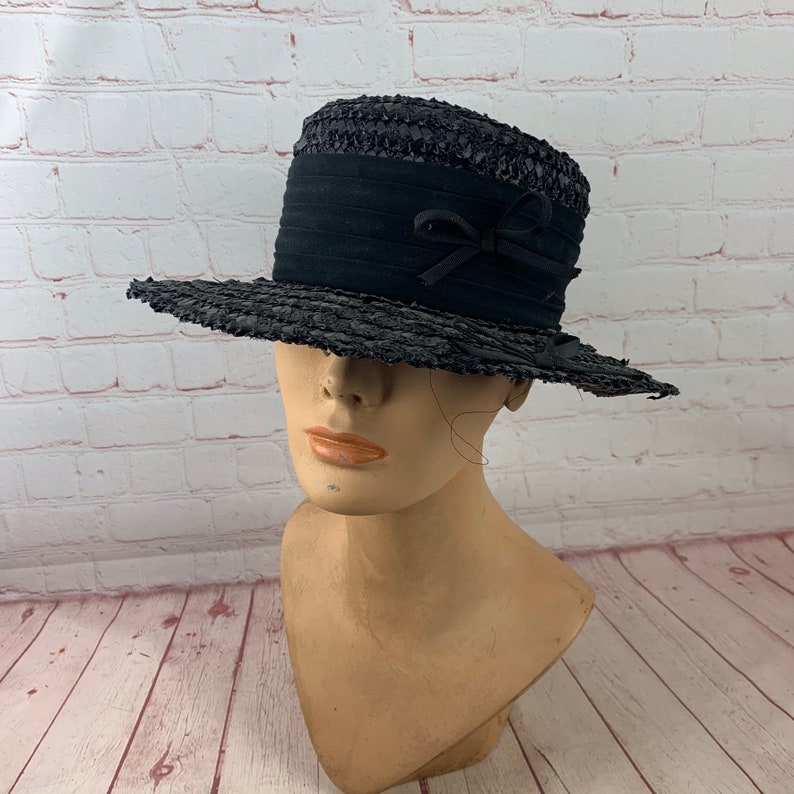 Vintage Ladies Black Straw Boater Hat with Black Nylon Band | Etsy