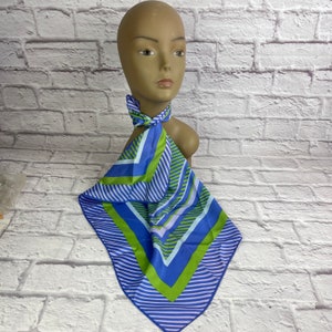 Vintage Ladies’ Periwinkle and Green Stripes & Squares Acetate Scarf Made In Japan