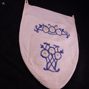 Vintage White with Blue and Yellow Embroidery Abstract Flowers Memo or Toiletries Holder