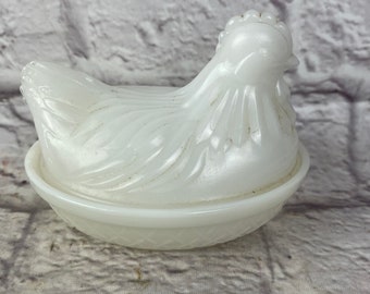 Vintage Small White Milk Glass Chicken Hen on Nest Basket Weave Base