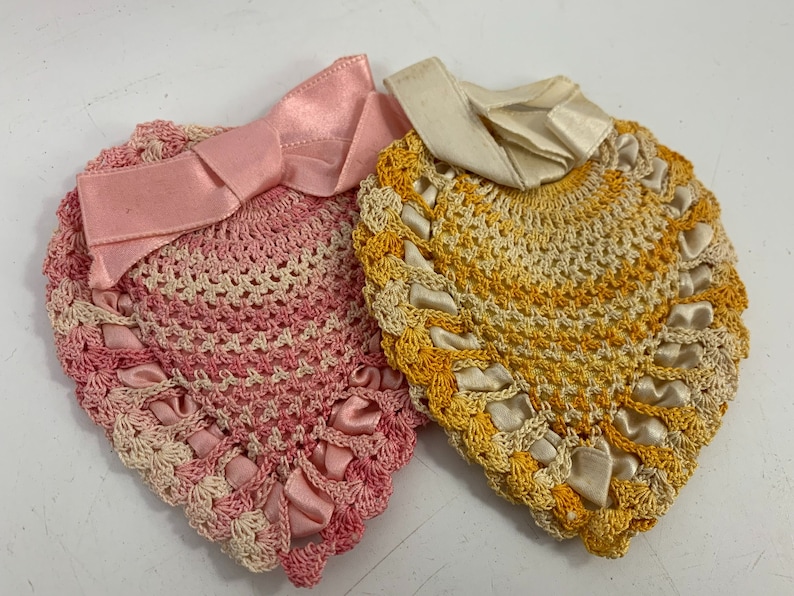 Pair of Vintage Pink and White and Gold and White Hand Crochet Heart Shaped Sachets