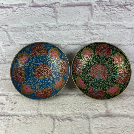 Pair of Vintage Brass Enameled Decorative Bowls w… - image 2