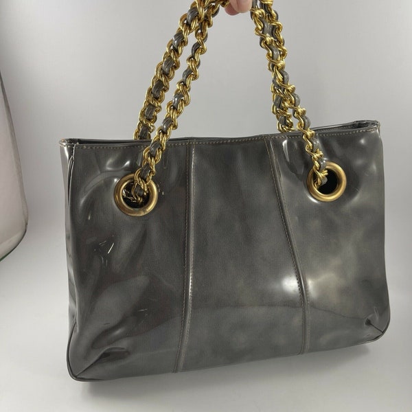 Vintage 1970’s Era Gray Patent Vinyl Purse or Handbag with Gold tone Chain Handle